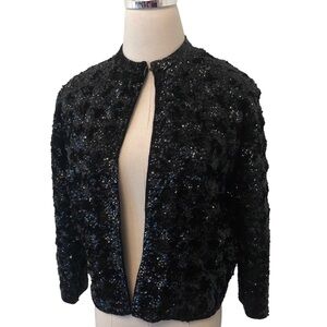 Vintage 1950s Cyn Les Lambs Wool Angora Black Sequin Knit Cardigan Size 36